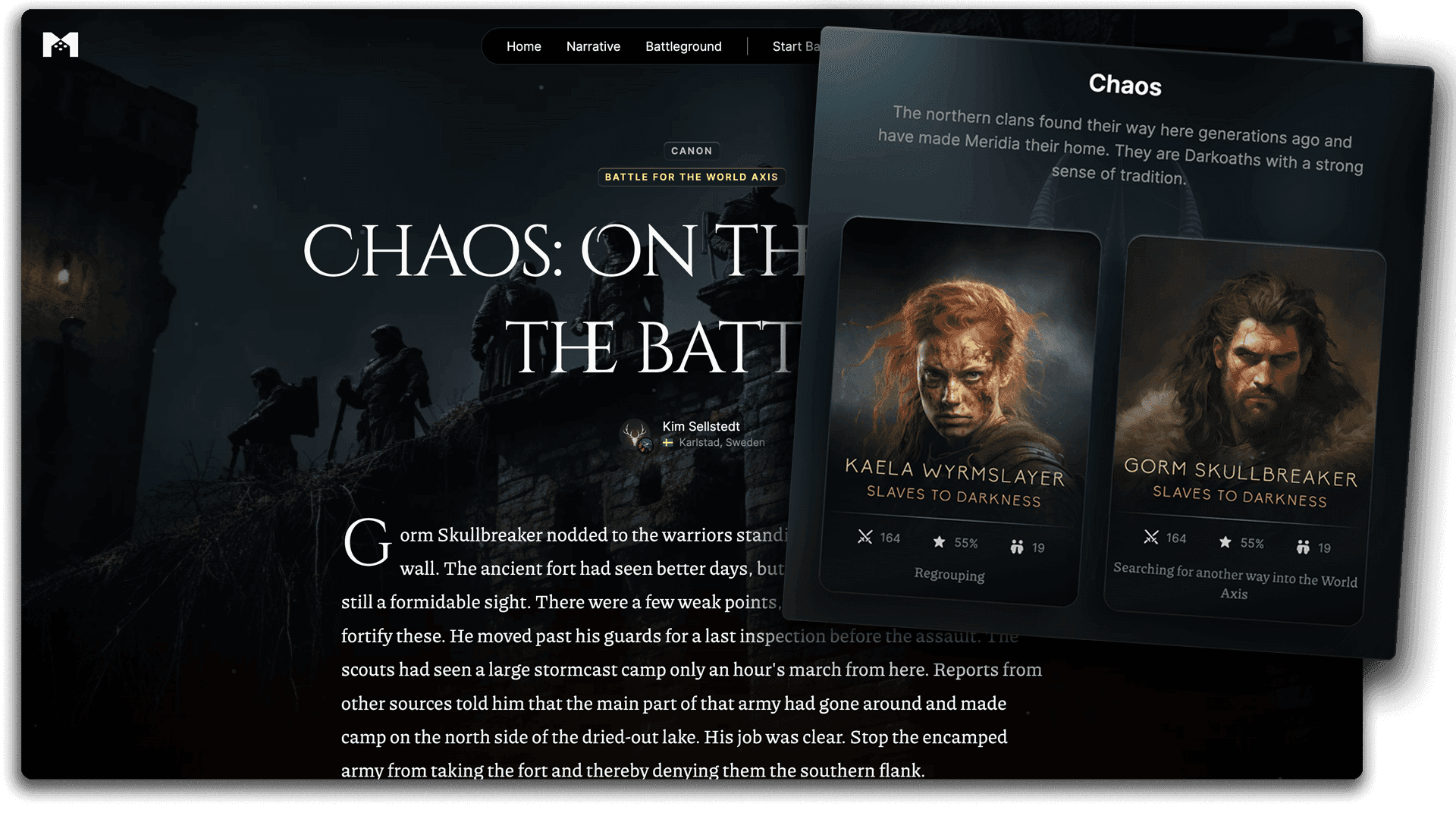 A screenshot of a story in the Milarki app, with two character cards overlayed on top of it